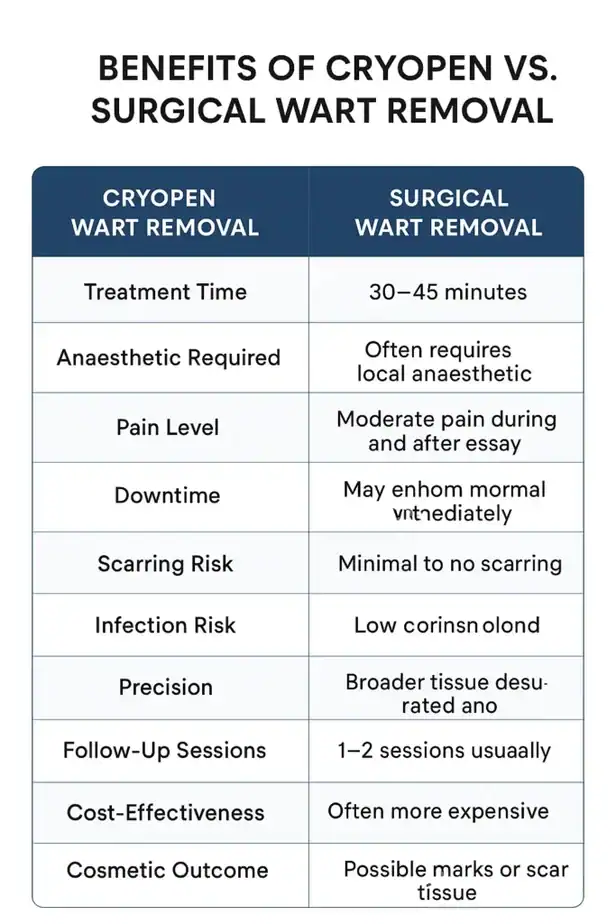 Table showing the benefits of cryopen to remove warts Sevenoaks compared to surgical treatment
